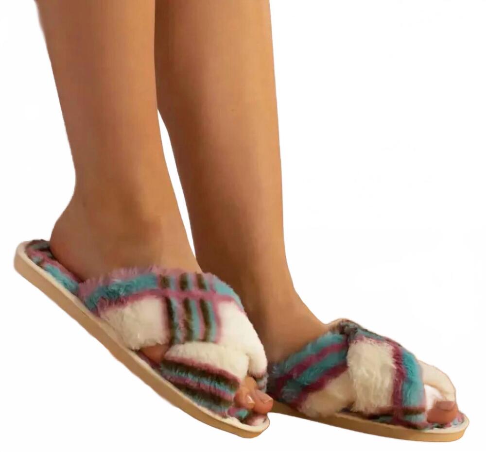 NEW PANACHE APPAREL women's plush plaid criss cross slippers in cream